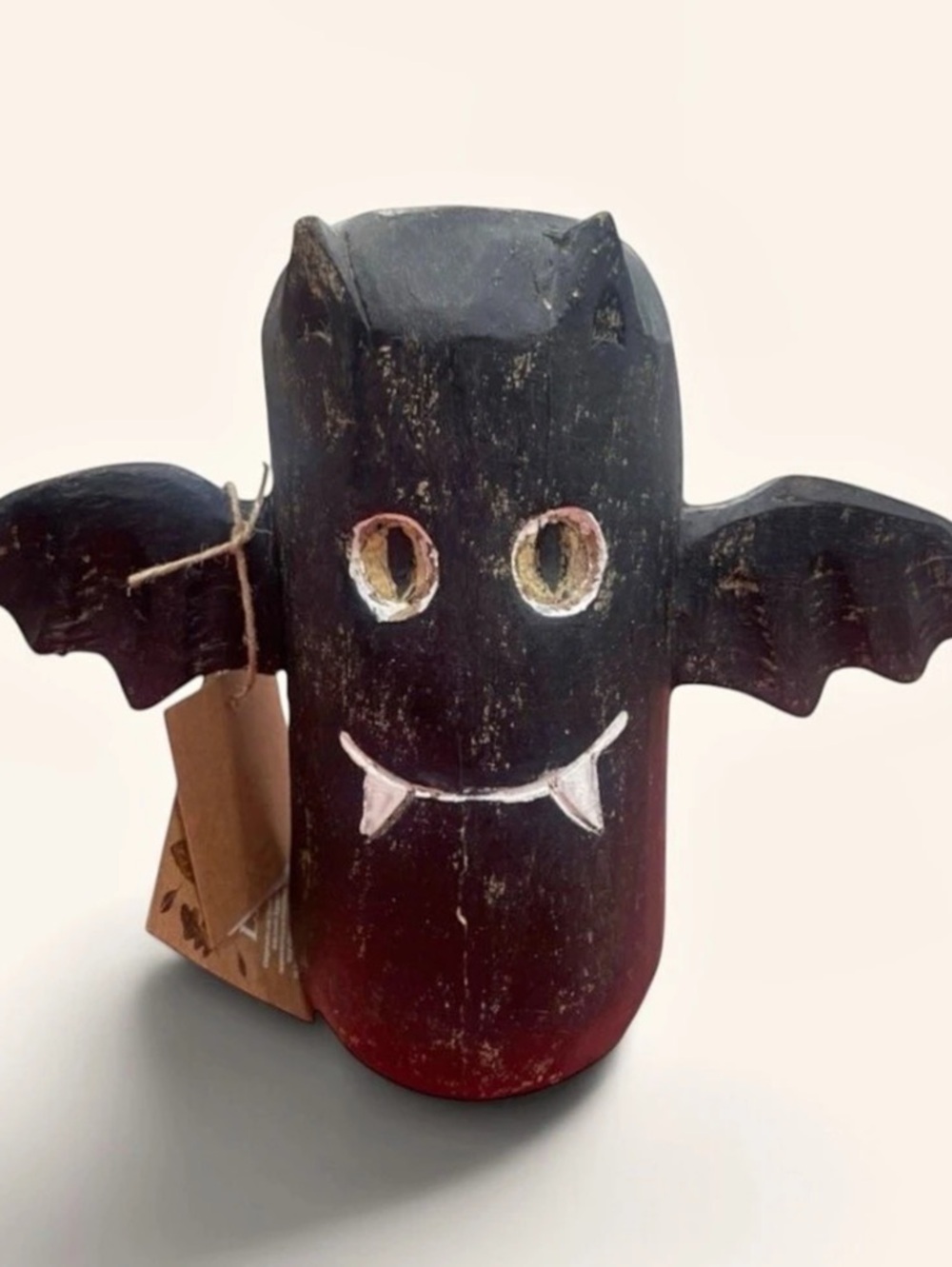 Hand Carved Wooden Halloween Bat Figure Halloween Decor - NWT - 7”